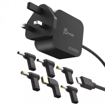 J5CREATE cargador mini GaN PD USB-C 67W con conector UK y 6 conectores DC