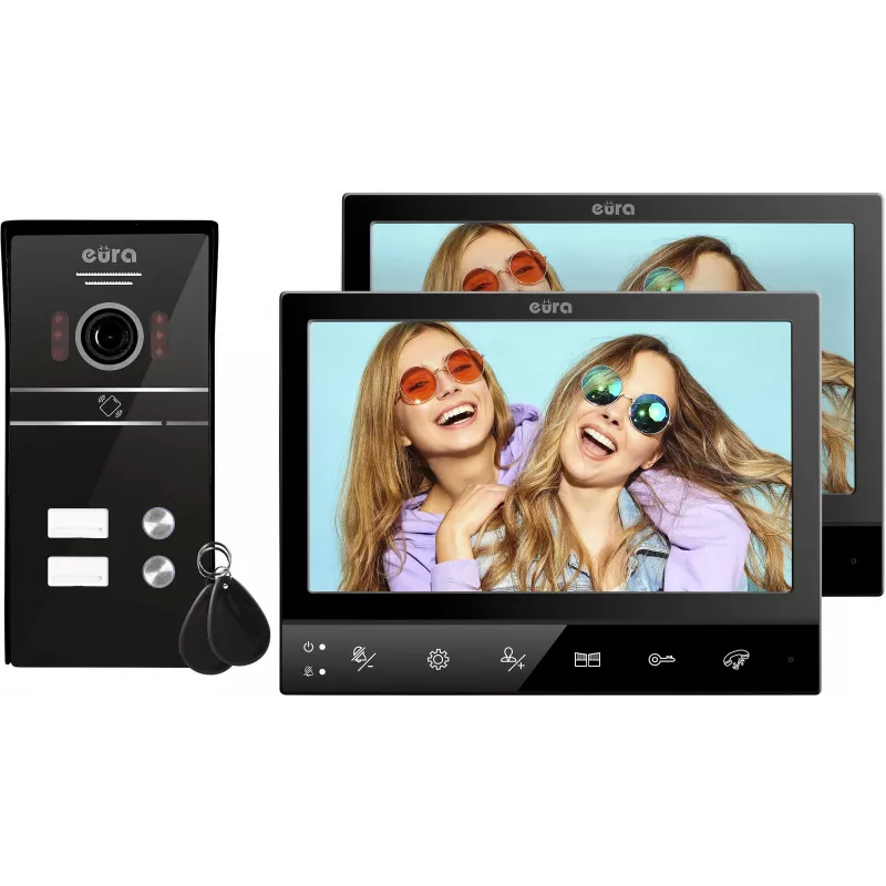 Eura VDP-80C5 Videoportero para dos viviendas, Negro, 2x 7 pulgadas LCD, FHD, 2 entradas, cámara 1080p, lector RFID, montaje en superficie