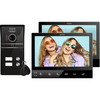 Eura VDP-80C5 Videoportero para dos viviendas, Negro, 2x 7 pulgadas LCD, FHD, 2 entradas, cámara 1080p, lector RFID, montaje en superficie