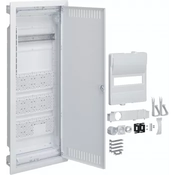 HAGER Volta Hybrid Cuadro de distribución empotrable, 12 módulos, 1 fila, 3 placas de montaje, toma de corriente 230V, blanco (RAL 9010)