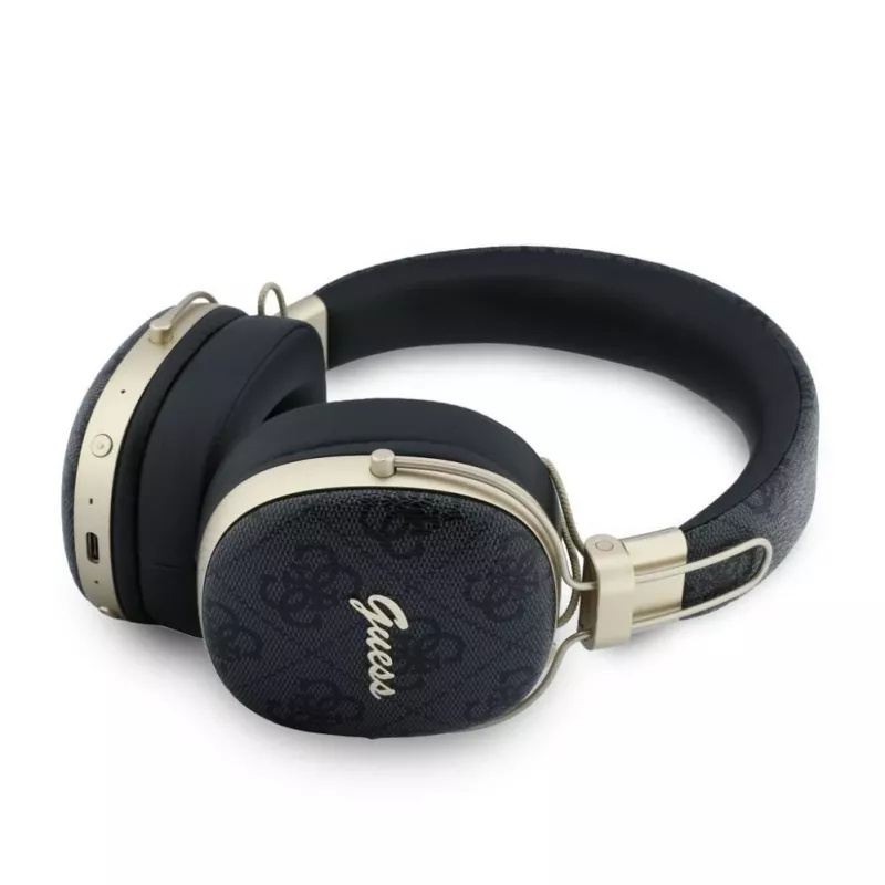 Guess Auriculares Bluetooth over-ear con ENC, Metal 4G Script Logo, Negros