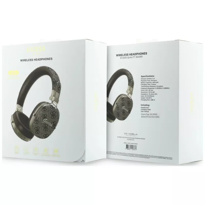 Guess GUE005462 Auriculares Bluetooth over-ear con ENC, diseño metálico, 4G Script Logo, Marrones