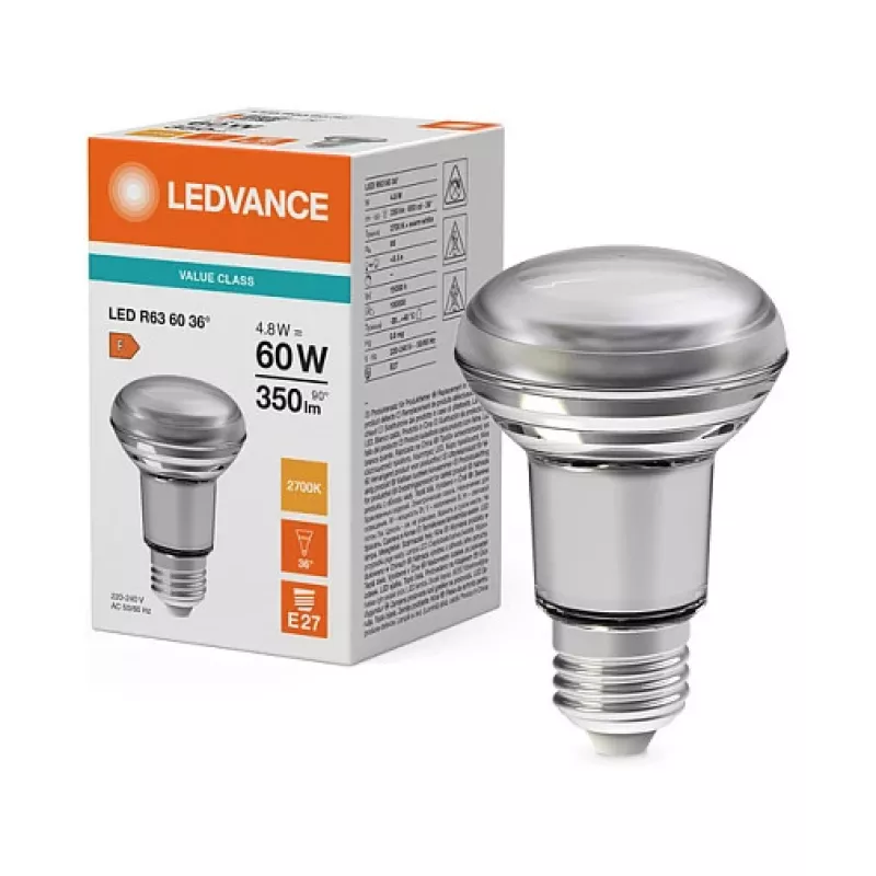 OSRAM LED STAR R63 lámpara reflectora 4,8W 827 E27 350lm 2700K blanco cálido