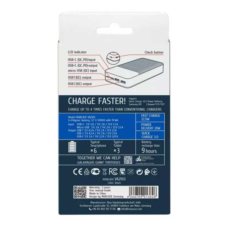 Batería externa Rivacase VA2103 30000 mAh 22.5W Negro