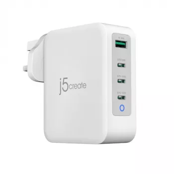 J5CREATE Cargador GaN USB-C de 4 puertos 130W - UK blanco gris