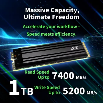 AGI TECHNOLOGY 1TB SSD M.2 NVMe PCIe Gen4x4 - 7400MB/s de lectura, 5200MB/s de escritura, 750TBW