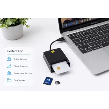iLike Lector de tarjetas inteligente USB 4 en 1 con soporte para SIM, SD y micro-SD, lector CAC para documentos de identidad, tarjetas bancarias, eID y tarjetas de memoria, negro