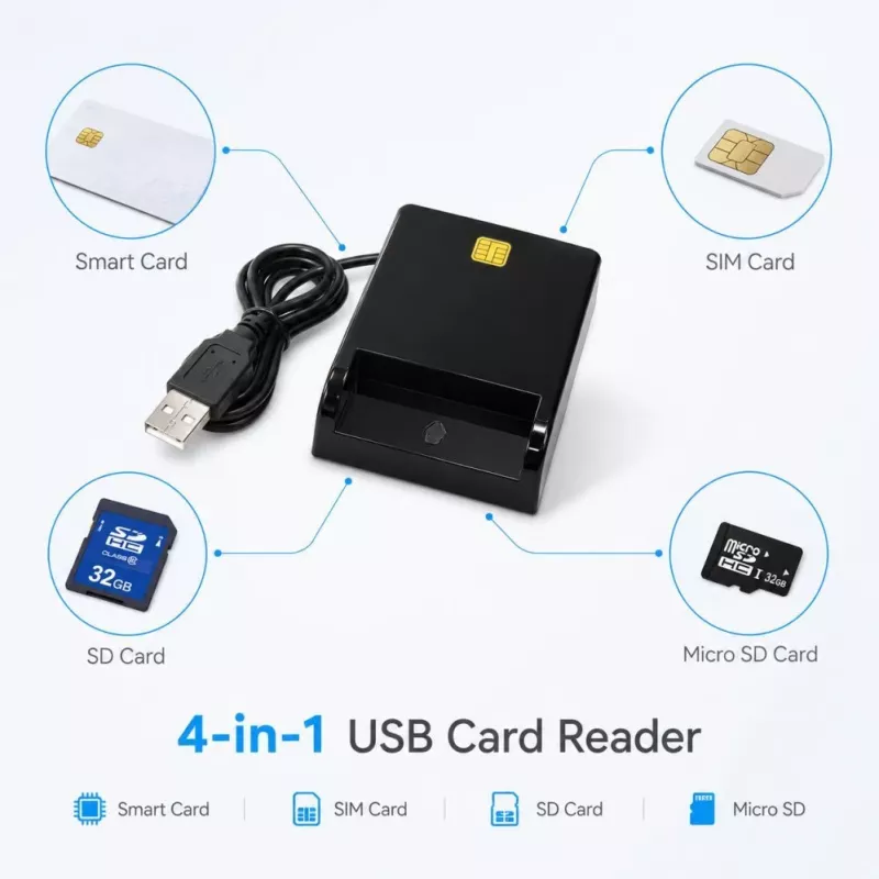 iLike Lector de tarjetas inteligente USB 4 en 1 con soporte para SIM, SD y micro-SD, lector CAC para documentos de identidad, tarjetas bancarias, eID y tarjetas de memoria, negro