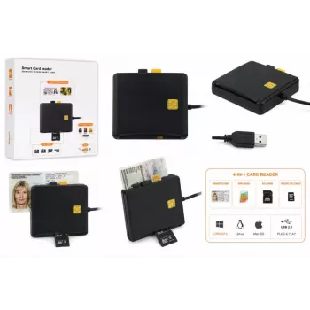 iLike Lector de tarjetas inteligente USB 4 en 1 con soporte para SIM, SD y micro-SD, lector CAC para documentos de identidad, tarjetas bancarias, eID y tarjetas de memoria, negro
