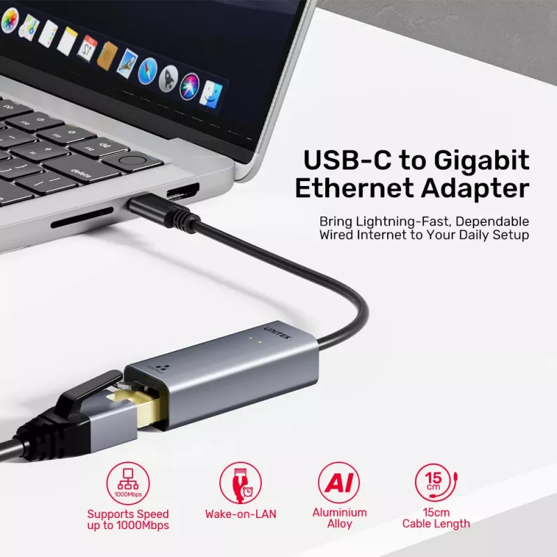 UNITEK adaptador USB-C a Gigabit Ethernet 1Gbps - Space Gray