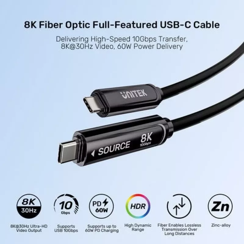 UNITEK cable óptico activo USB-C 5m - 10Gbps, PD 60W, 8K@30Hz, negro