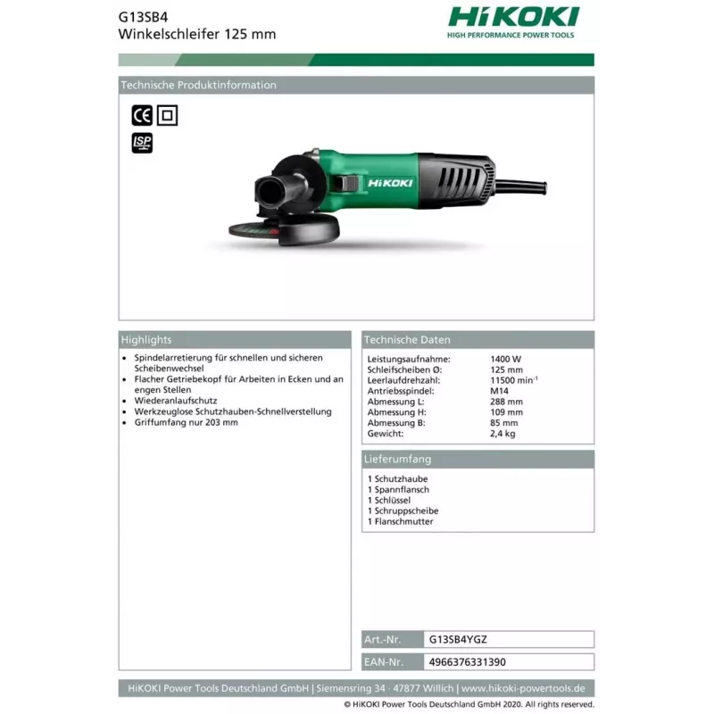 Hikoki G13SB4YGZ amoladora angular 3,1 kg
