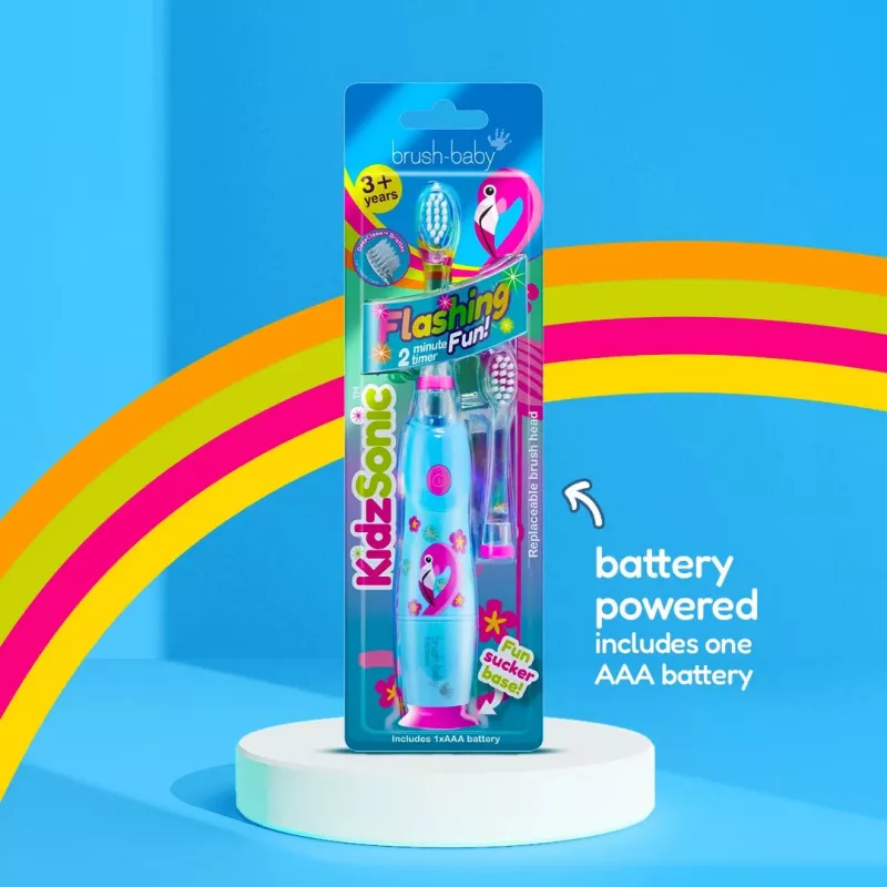 Cepillo de dientes eléctrico sónico infantil BRUSH-BABY Kidz para niños a partir de 3 años Flamingo