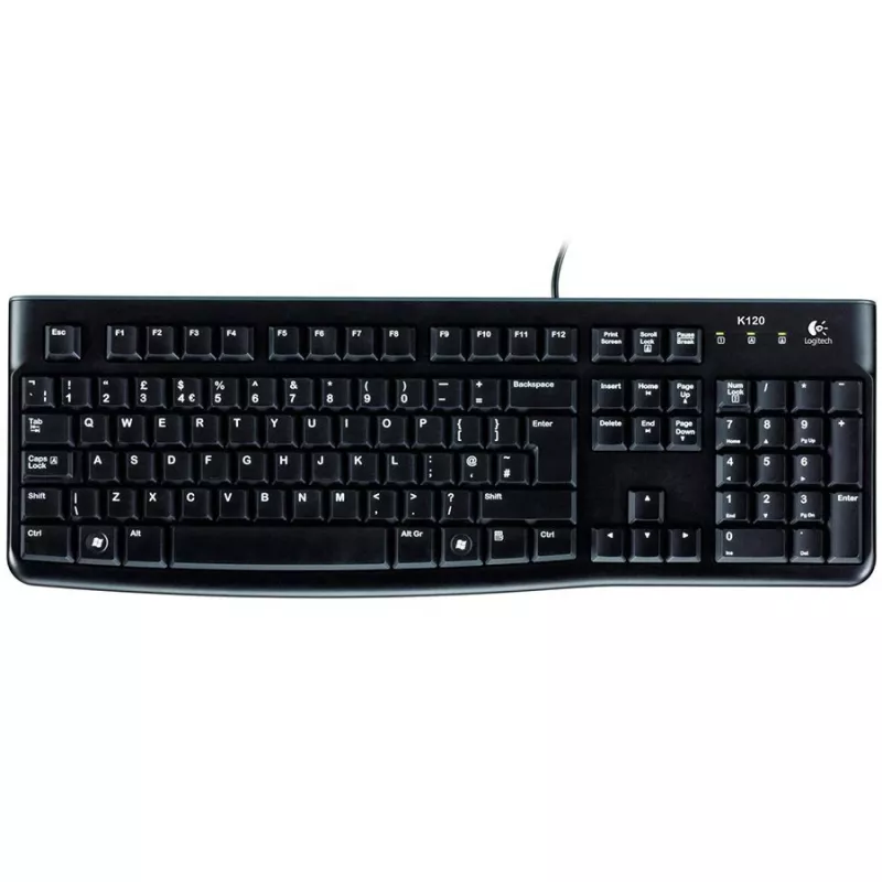 Logitech teclado K120 RU - USB con cable tamaño completo distribución rusa, resistente a salpicaduras, negro