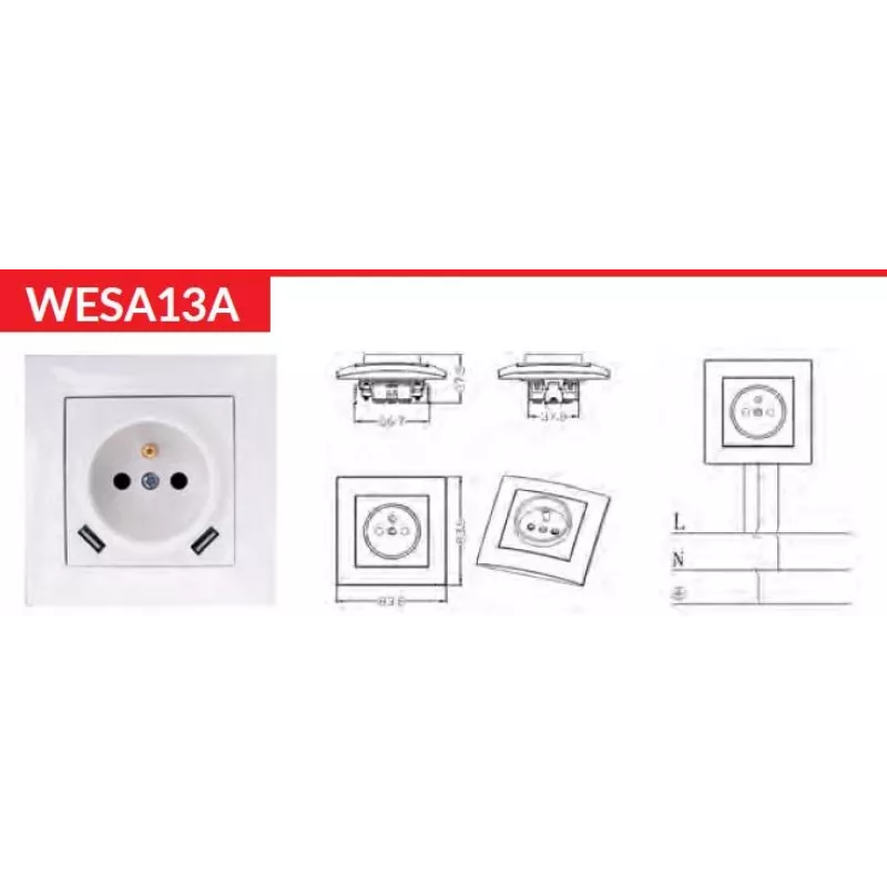 VCX WESA LC 13A Toma de corriente individual con cargador USB blanco