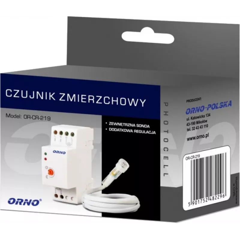 Interruptor crepuscular para carril DIN con fotorresistencia externa ORNO OR-CR-219, 230V AC, 10A, 2-100 lux