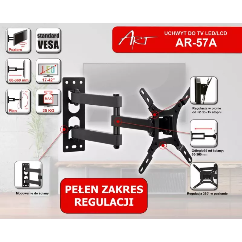 ART AR-57A Soporte de pared fijo para TV LED/LCD 17-42 pulgadas Negro