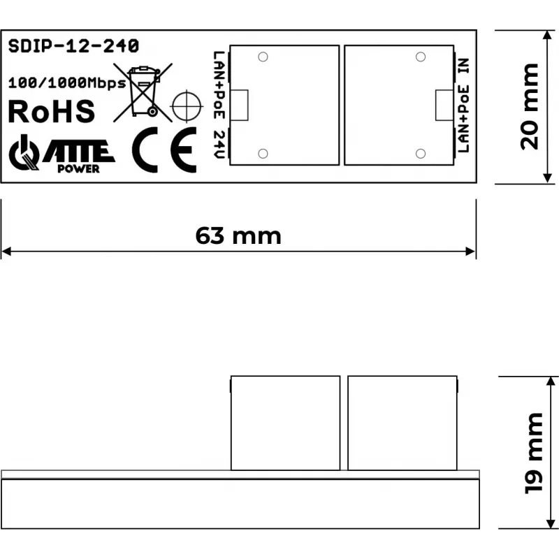 ATTE SDIP-12-240 Adaptador PoE+ 30W carril DIN Gigabit