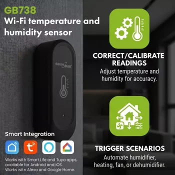 GRB GREENBLUE GB741 Sensor de temperatura y humedad WiFi para exterior, Android/iOS, 3,0 V DC, 2xAAA, IP65