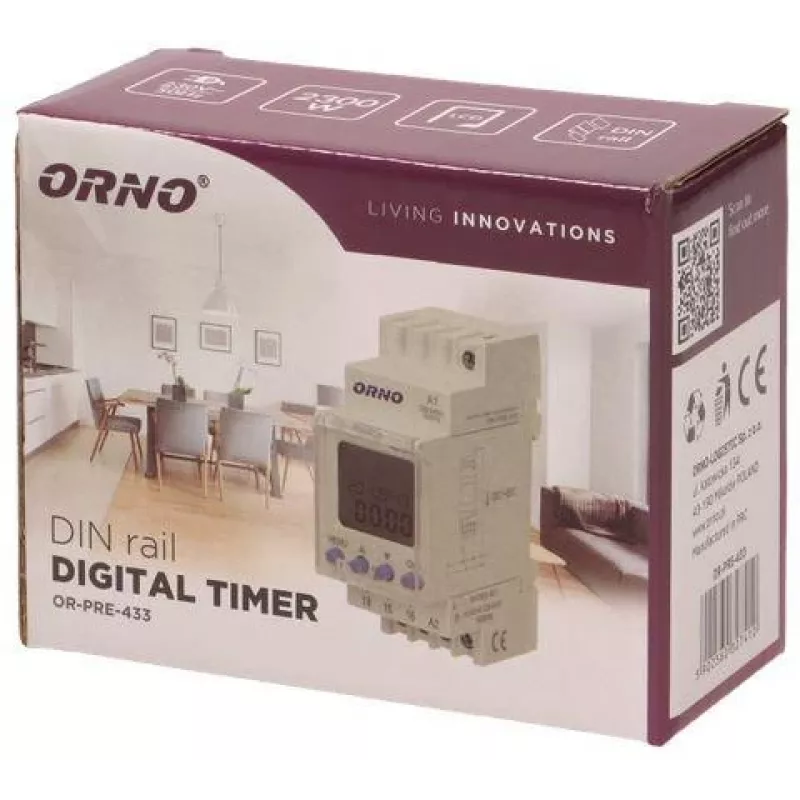 ORNO OR-PRE-433 temporizador semanal electrónico, carril DIN, 16A/3680W, 16 programas, 230V