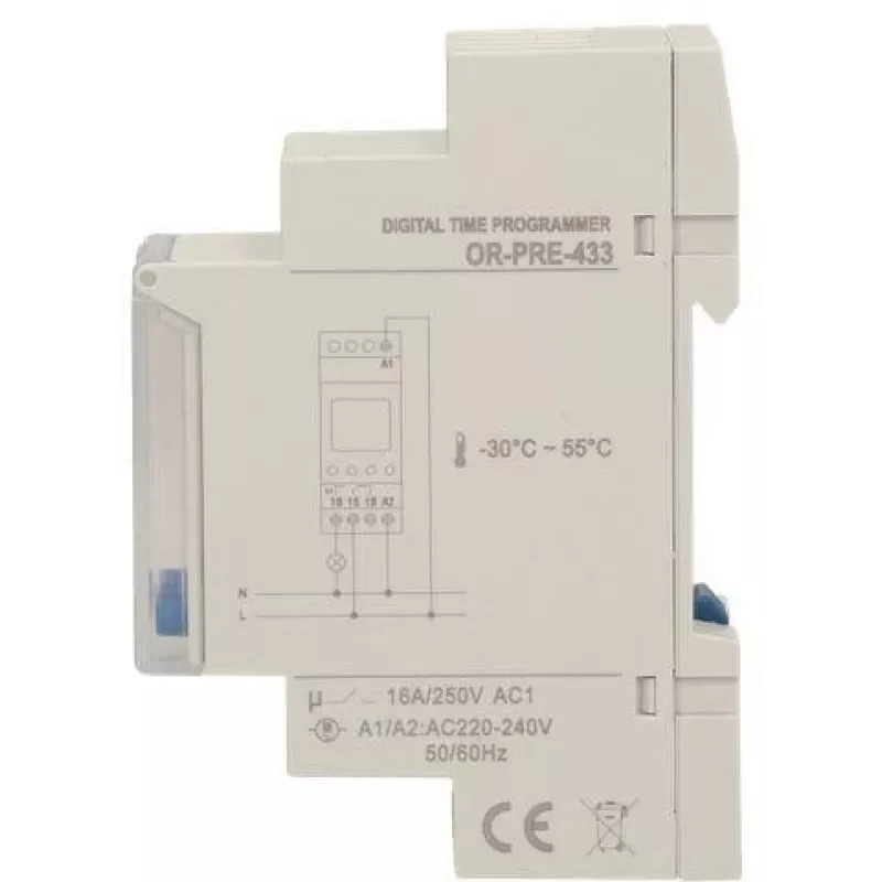 ORNO OR-PRE-433 temporizador semanal electrónico, carril DIN, 16A/3680W, 16 programas, 230V