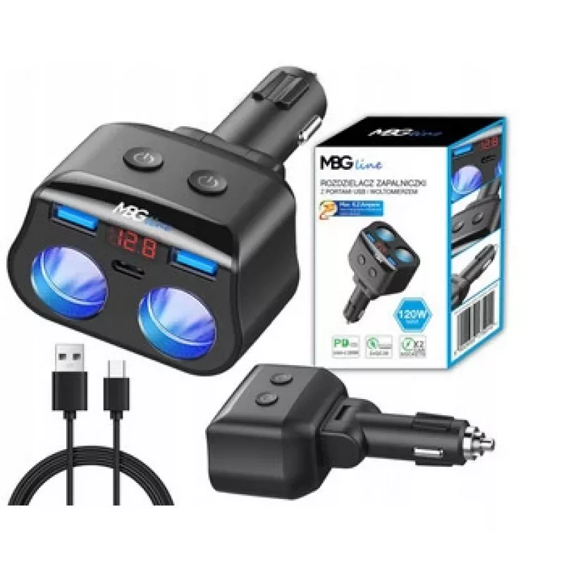 MBG Line HC69PD divisor de mechero de 3 vías con 2x USB-C PD 30W y 2x USB-A QC 3.0, indicador LED de voltaje, 180W
