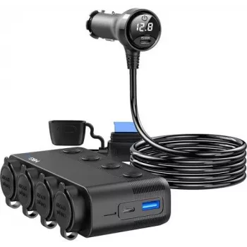 MBG Line HS75AD divisor de mechero con 2 tomas y 3 puertos USB, cable de 75 cm, negro