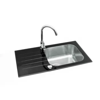 GLAM 20 set de fregadero de cocina de granito compuesto con monomando negro, cubeta única, reversible, 580x480 mm