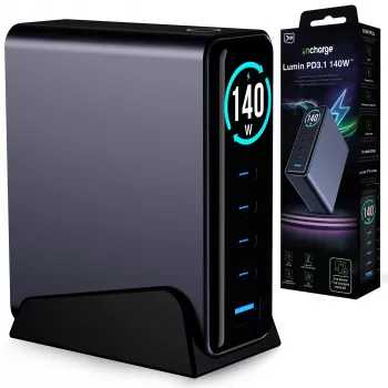 3mk InCharge Desktop Charger Lumin PD3.2 140W QC5 PPS AFC FCP SCP 1A4C TFT GaN3 Display negro