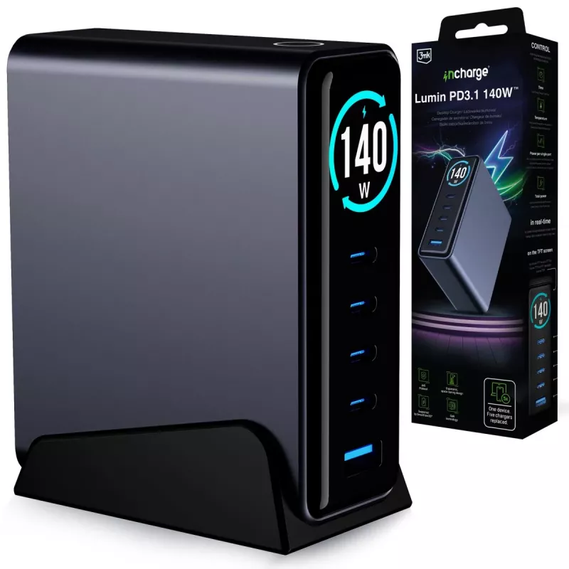 3mk InCharge Desktop Charger Lumin PD3.2 140W QC5 PPS AFC FCP SCP 1A4C TFT GaN3 Display negro