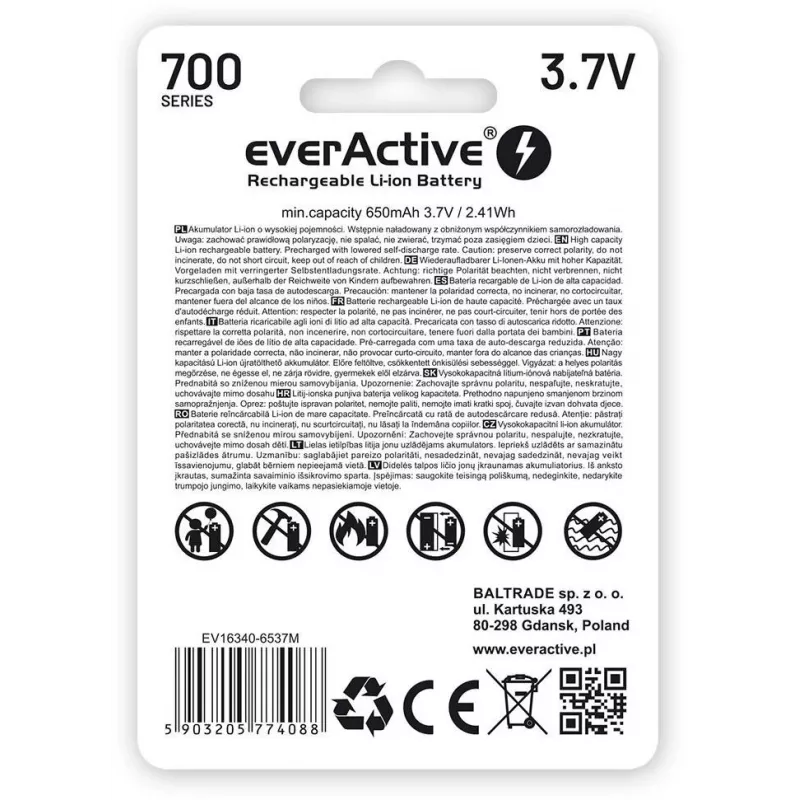 EVERACTIVE 16340 3.7V 700mAh Batería de Li-Ion recargable con circuito de protección (1 ud.)