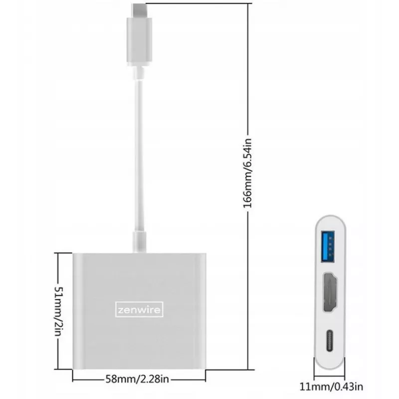 ZENWIRE BYL-2008N Adaptador hub MHL 3 en 1 USB-C a HDMI 4K, Space Gray