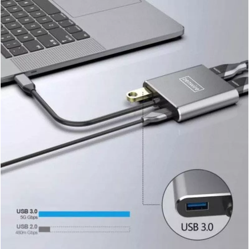 ZENWIRE Hub USB-C Adaptador 4 en 1 2x HDMI 4K USB 3.0 Space Gray BYL-2309