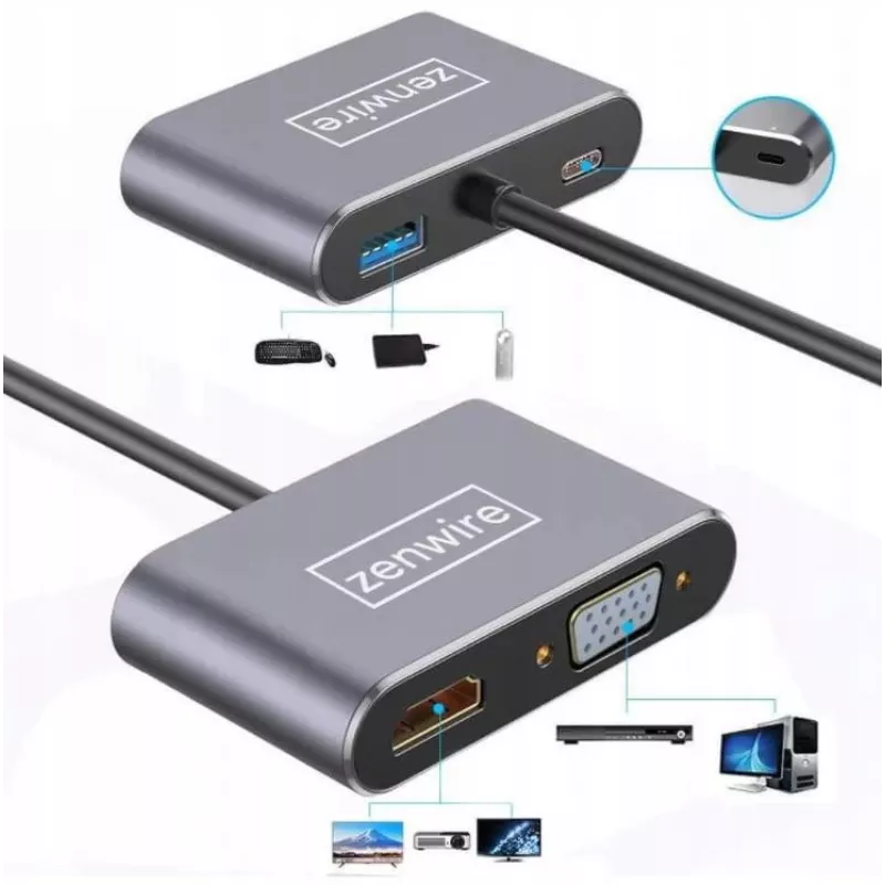 ZENWIRE USB-C Multiport Adapter Hub 4 en 1 HDMI 4K VGA USB-A Space Gray BYL-2310