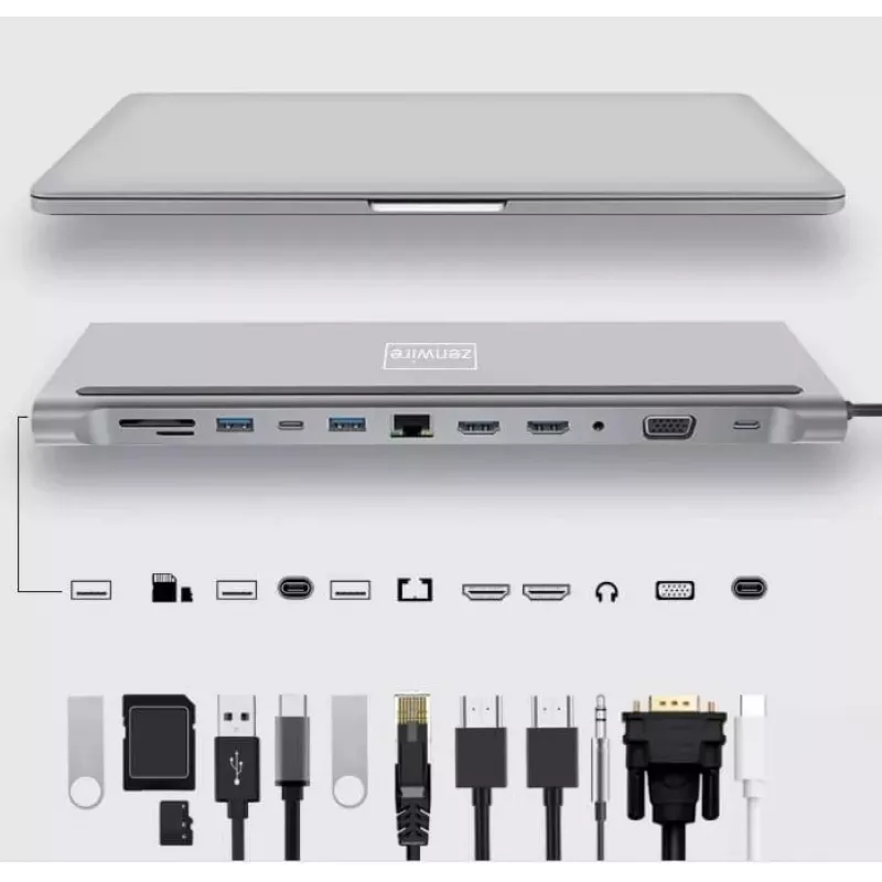 ZENWIRE USB-C Hub Adapter 12 en 1 Docking Station 2x HDMI 4K Ethernet RJ45 USB 3.0 BYL-2211