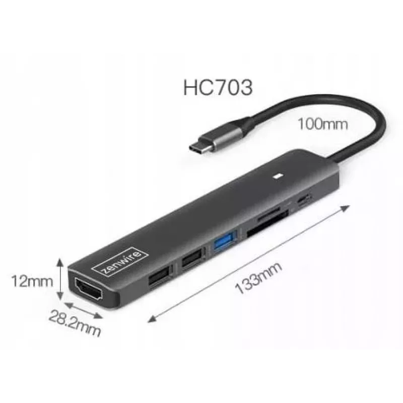 ZENWIRE BS-HC703 adaptador hub USB-C 7 en 1 con HDMI 4K, USB 3.0, SD, PD