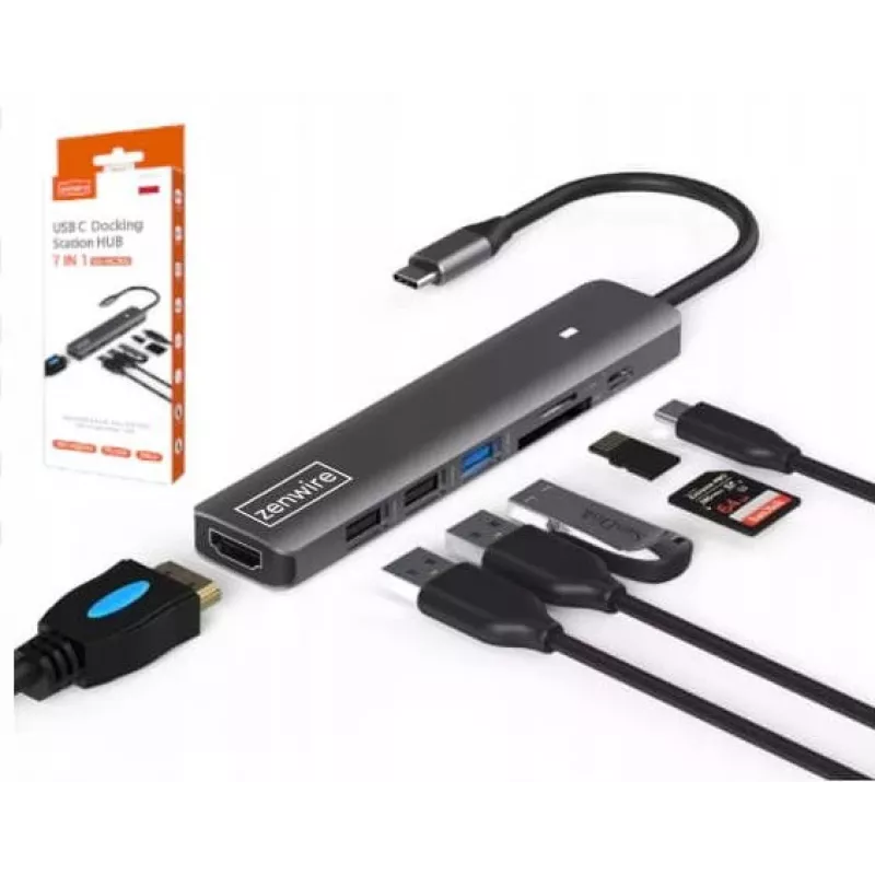 ZENWIRE BS-HC703 adaptador hub USB-C 7 en 1 con HDMI 4K, USB 3.0, SD, PD