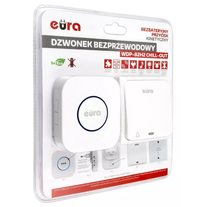 EURA WDP-82H2 Set de Timbre Inalámbrico, Emisor Cinético sin Batería, 36 Melodías, 100 m de Alcance, Blanco