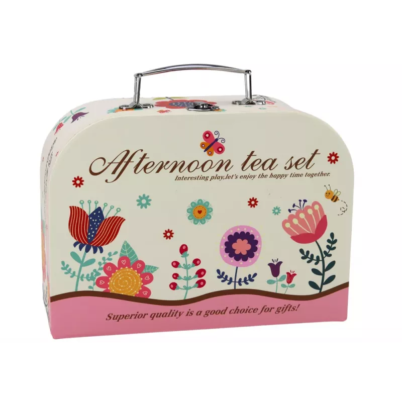 LEAN TOYS Juego de té en maletín - vajilla de estaño de 15 piezas con tazas, platos, soporte para pasteles y bandeja de servir - rosa, azul, estampado floral blanco - juguete de rol portátil para niños a partir de 3 años