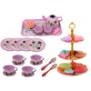 LEAN TOYS Juego de té en maletín - vajilla de estaño de 15 piezas con tazas, platos, soporte para pasteles y bandeja de servir - rosa, azul, estampado floral blanco - juguete de rol portátil para niños a partir de 3 años