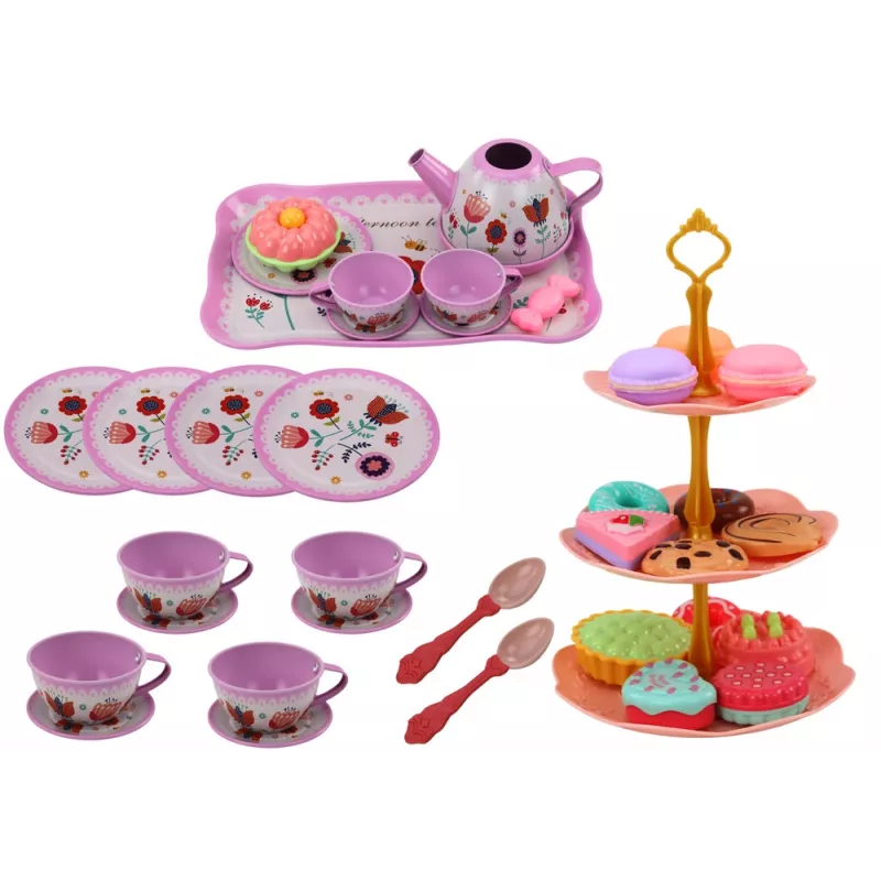LEAN TOYS Juego de té en maletín - vajilla de estaño de 15 piezas con tazas, platos, soporte para pasteles y bandeja de servir - rosa, azul, estampado floral blanco - juguete de rol portátil para niños a partir de 3 años