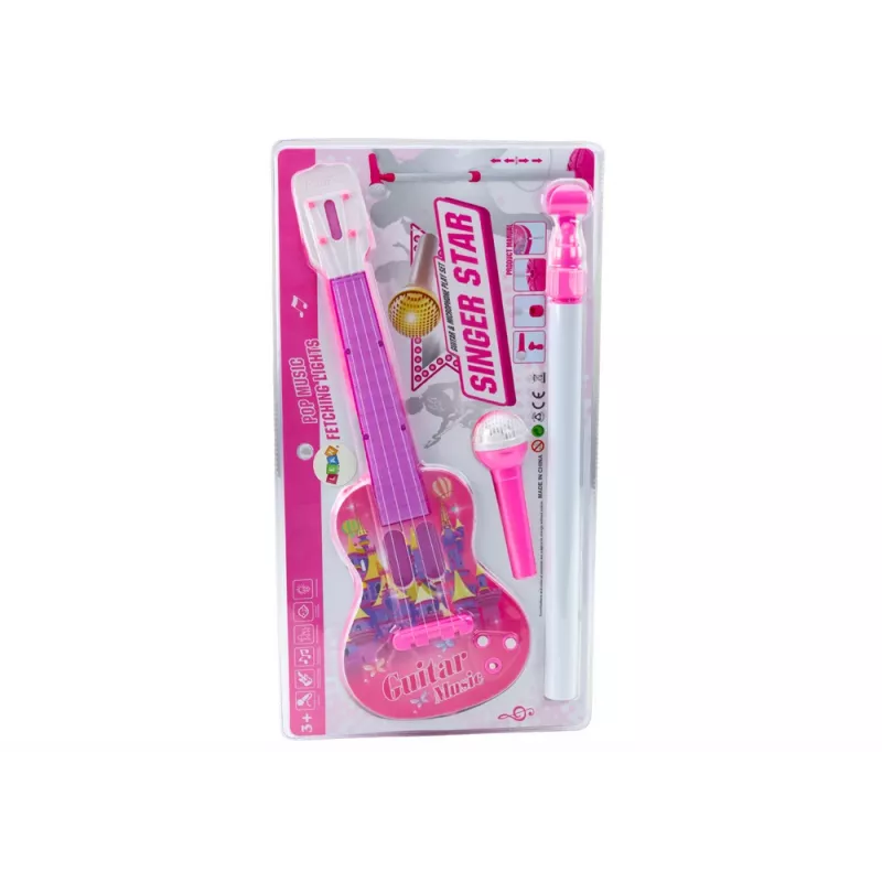 LEAN TOYS Set de soporte de guitarra eléctrica con micrófono, a pilas, rosa