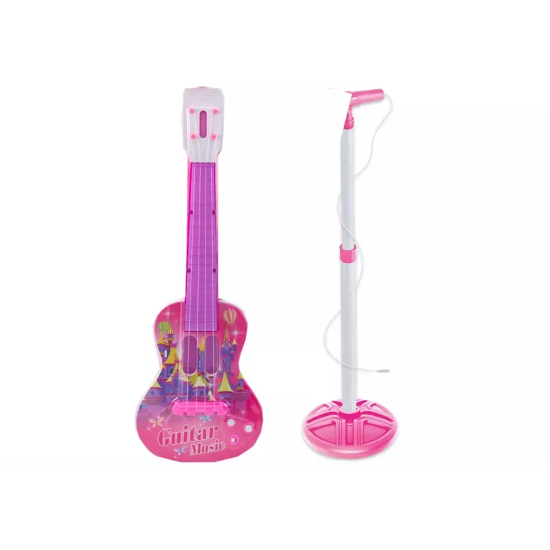 LEAN TOYS Set de soporte de guitarra eléctrica con micrófono, a pilas, rosa