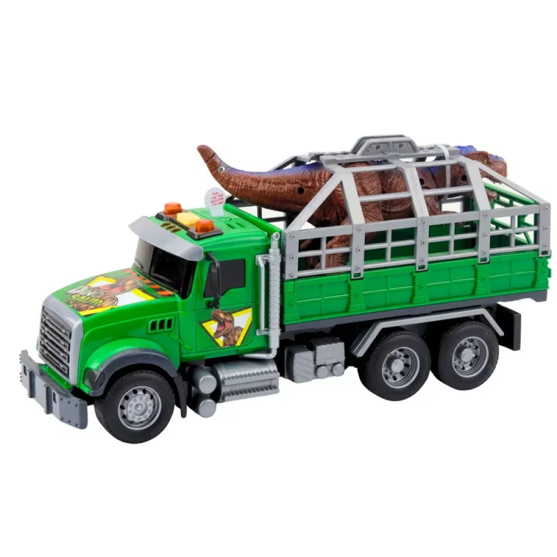 LEAN TOYS Camión de transporte de dinosaurios con figuras, luces y sonidos, verde