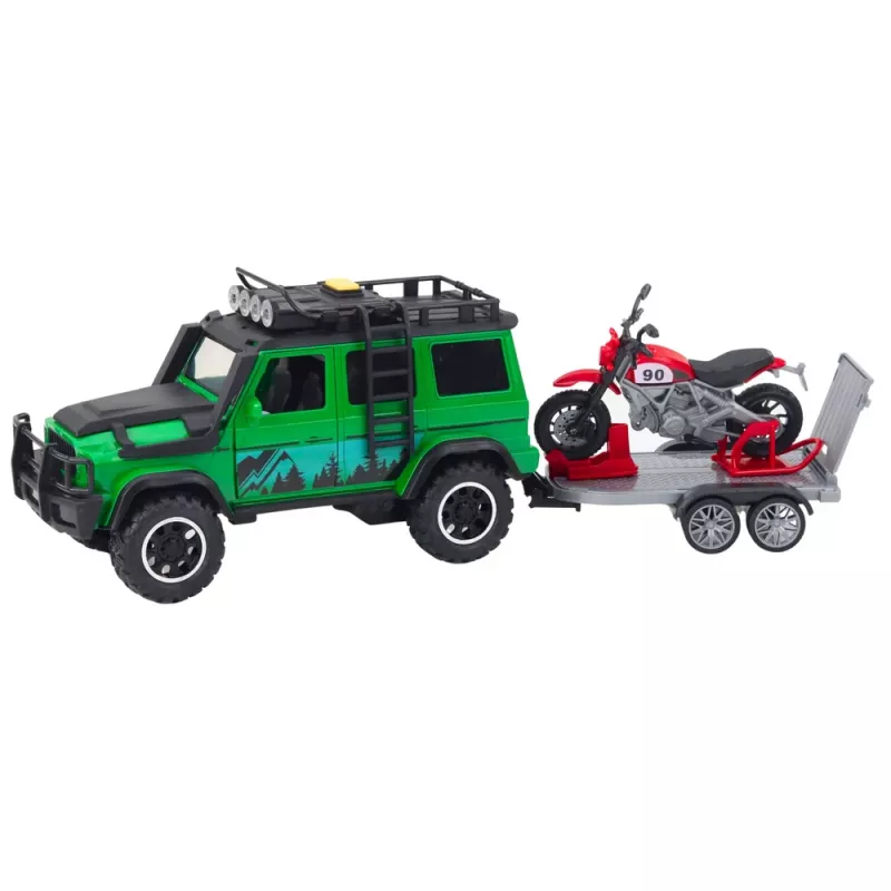 LEAN TOYS Set de vehículos todoterreno con grúa y moto, luz y sonido, verde