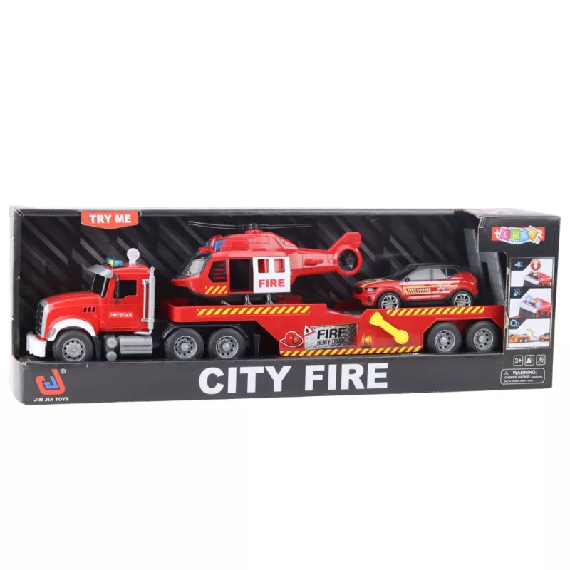 LEAN TOYS Coche de bomberos grúa helicóptero coche luces sonidos rojo