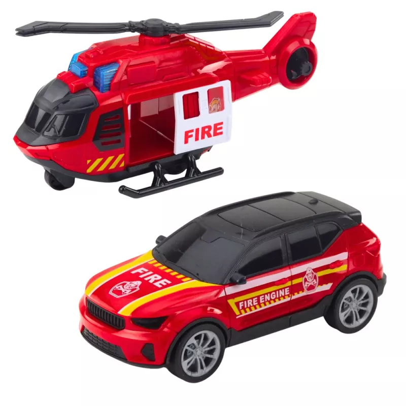 LEAN TOYS Coche de bomberos grúa helicóptero coche luces sonidos rojo