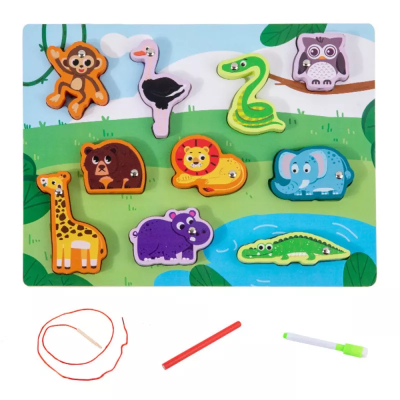 LEAN TOYS Puzzle de madera imanes juego de enhebrar animales