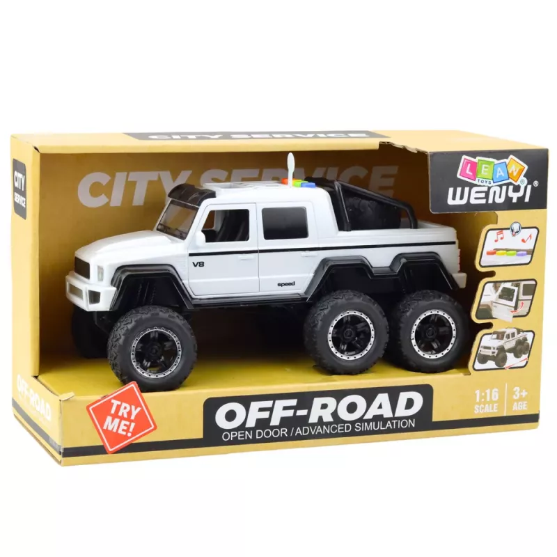 LEAN TOYS Coche todoterreno con tracción por fricción, luces y sonidos blanco nácar 6x6 1:16