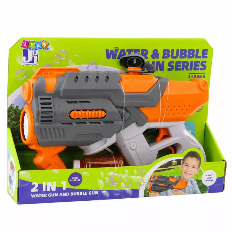 LEAN TOYS Pistola de agua eléctrica con pompas de jabón 2 en 1 naranja